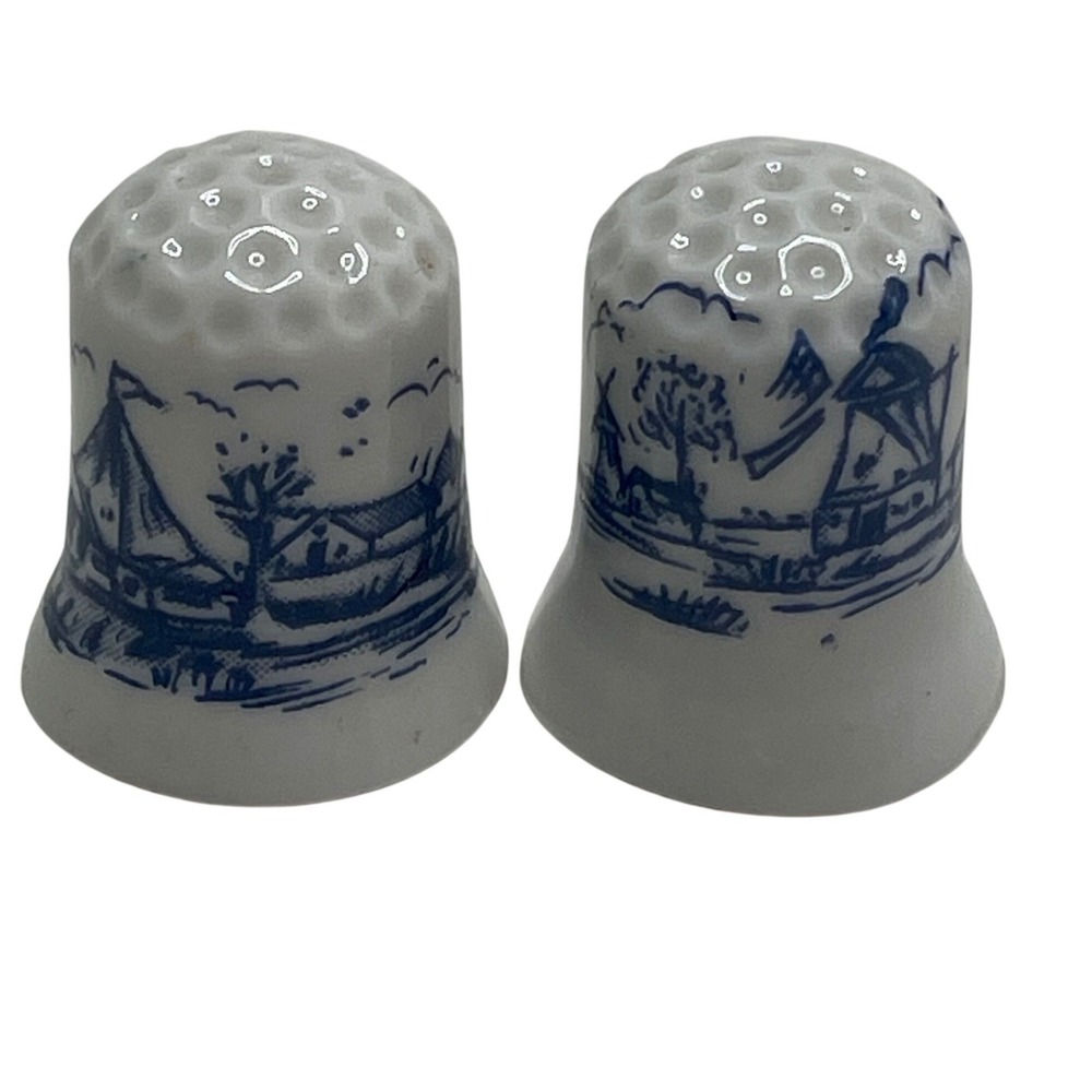 Vintage Delft Style Porcelain Thimbles Blue White Windmill Sailboat Set of 2